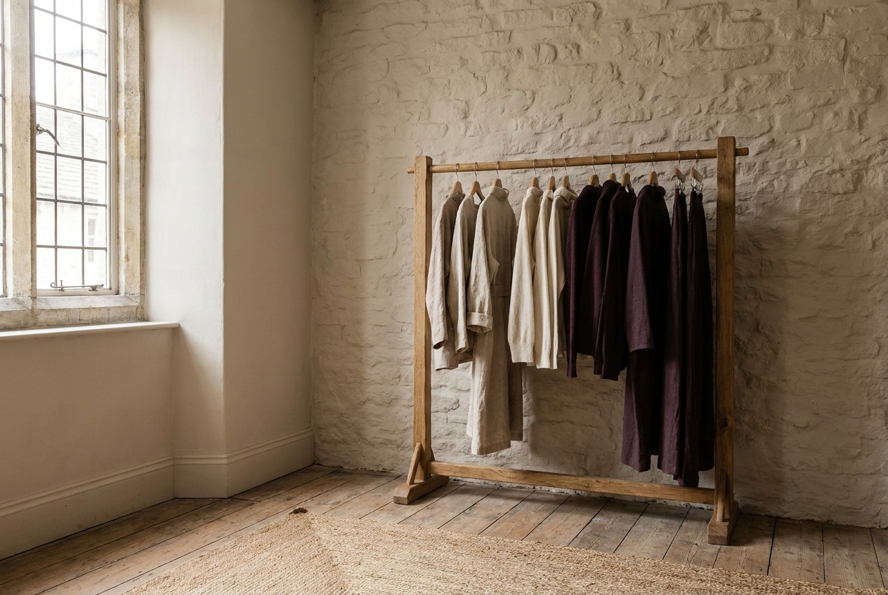 A quiet corner of a small womenswear boutique: an oak rail of garments in oat, ecru and damson against a pale stone wall, daylight on the floorboards.