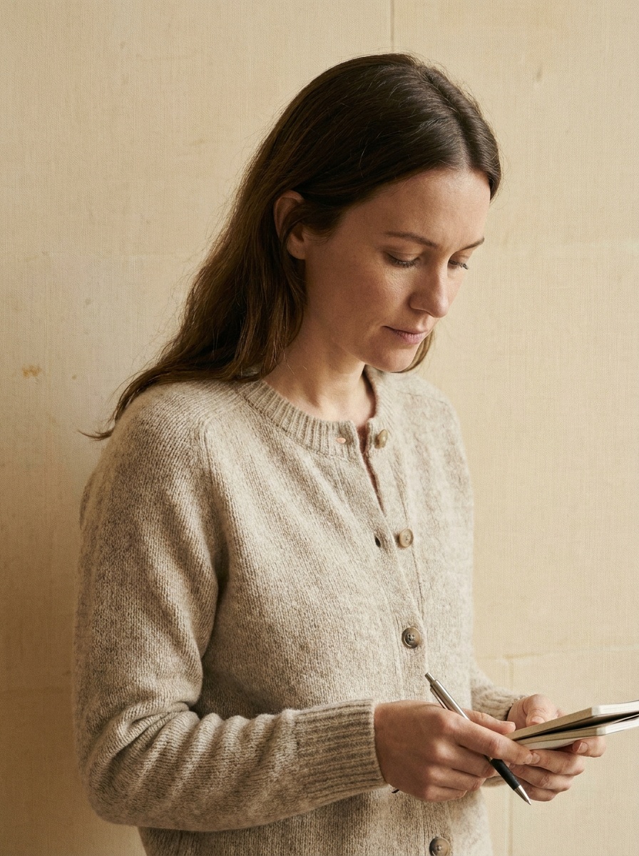 A woman from the waist up in a cropped oat lambswool cardigan, against a pale honey-coloured limestone wall.